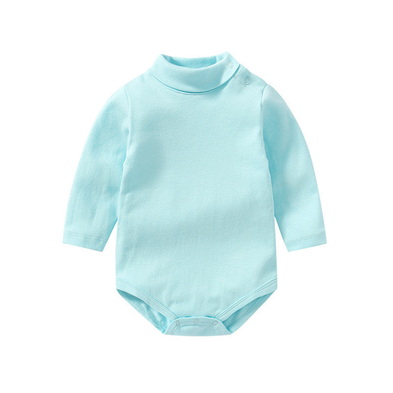 Long Sleeve Baby Cotton Romper in light blue featuring a turtleneck and long sleeves, made from soft cotton fabric.