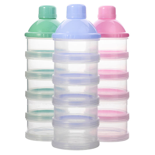 Five-Layer Removable Milk Powder Box stores infant formula and snacks in separate compartments for convenient, mess-free feeding in colors blue, green and pink.