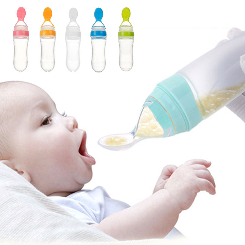 Safe Newborn Baby Feeding Bottle And Toddler Silicone Squeeze Feeding Spoon