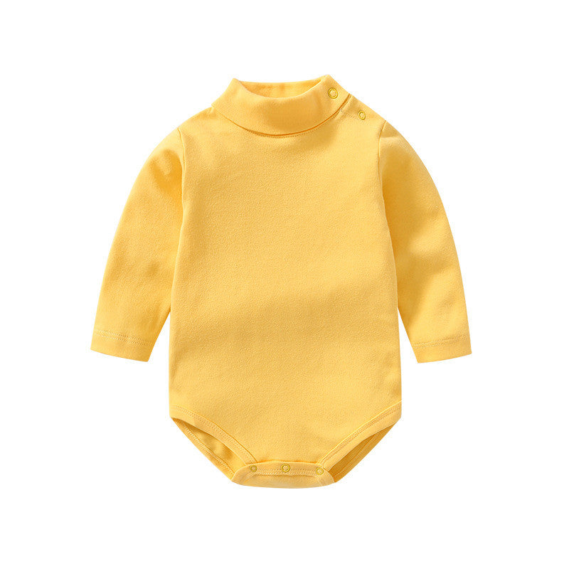 Long Sleeve Baby Cotton Romper in yellow cotton fabric with ribbed collar and snap closures