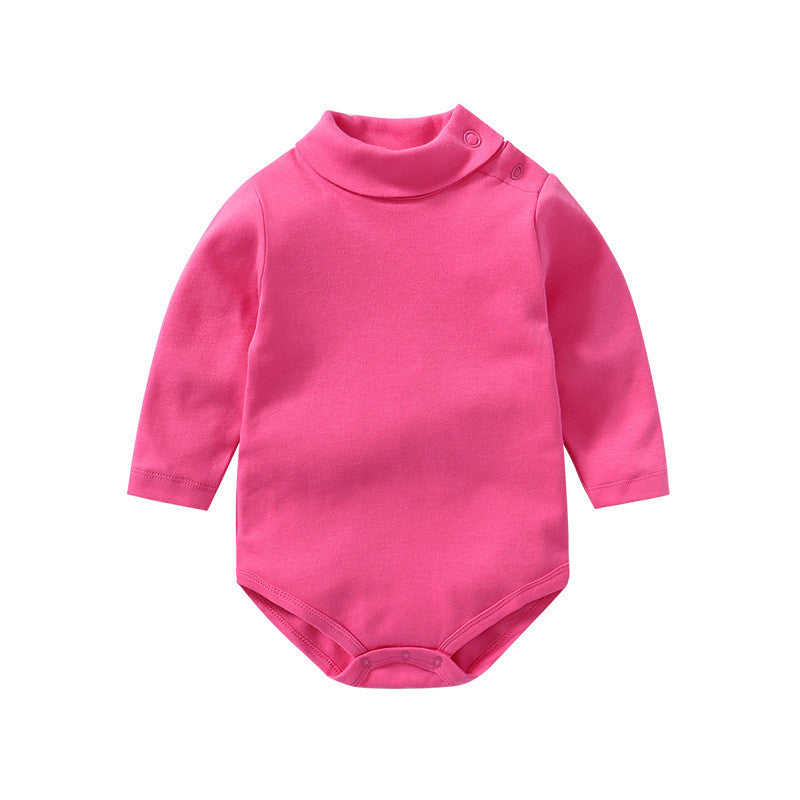Long Sleeve Baby Cotton Romper in pink cotton fabric with a high collar and button details.