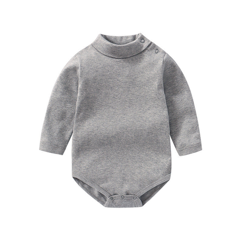 Long Sleeve Baby Cotton Romper in gray cotton fabric with a high collar and snap buttons.