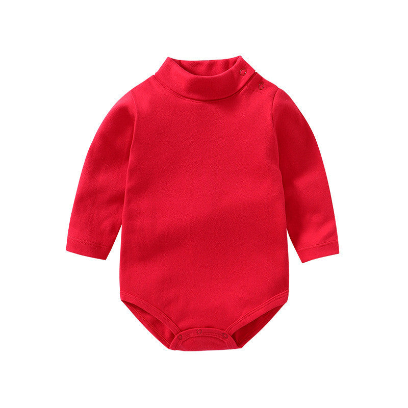 Long Sleeve Baby Cotton Romper in vibrant red color with a high collar and long sleeves.