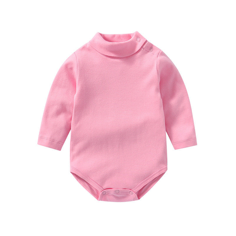 Long Sleeve Baby Cotton Romper in soft pink cotton fabric with a turtleneck and snap closure.
