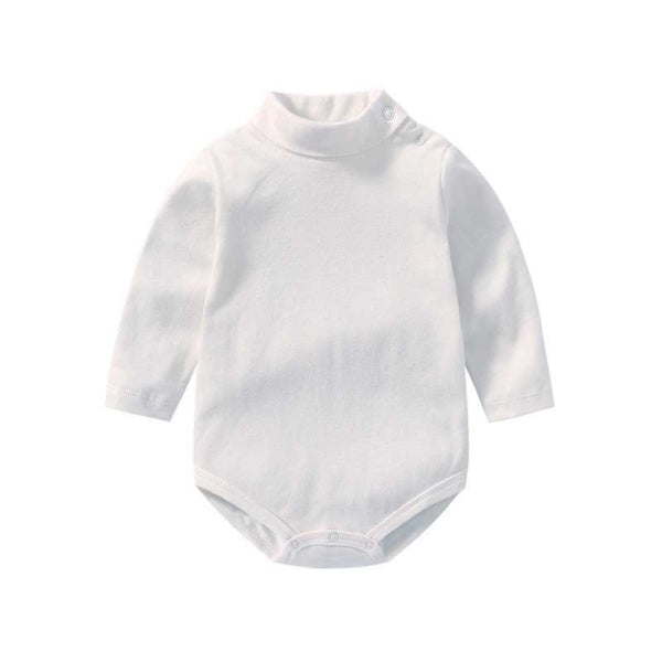 Long Sleeve Baby Cotton Romper in soft white cotton fabric with a turtleneck and snap closures.